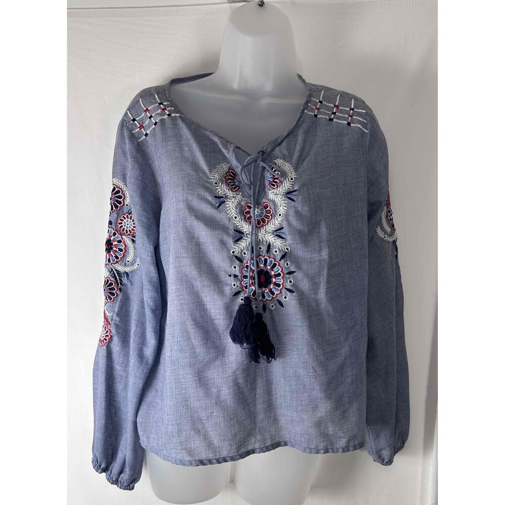 Rebellion Again Womens Too Blue Embroidered Long Sleeve Bohemian Blouse Large